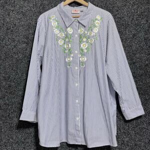 Quacker Factory Striped Embroidered Button Shirt 3X Long Sleeve Cottage Artsy
